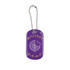 A purple dog tag with a decorative design and a silver chain. It features a logo and the text "MILITARY BRAT".