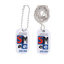 Two white dog tags with a design featuring blue, red, and black text, attached to metal ball chains.