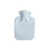 A white hot water bottle with a plush cover, featuring a smooth, rounded design. It has a small logo.