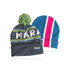 Two fully custom knitted beanies: one grey with a pom-pom and stripes, and a blue one with pink and white stripes.