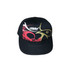 A black cap with a hollow out back, featuring red and gold abstract designs and a logo.