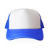 A blue and white cap featuring a hollow out back design, with a logo on the front.