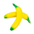 A yellow banana-shaped stress reliever with green tips, featuring a branding logo.