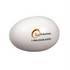 A white egg-shaped stress reliever with a logo printed on one side.