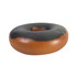 A donut-shaped stress reliever in brown and black, featuring a smooth finish and a branded logo.