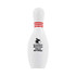 A white bowling pin-shaped stress reliever with red stripes and a logo on the front.