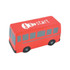 A red bus-shaped stress reliever with grey details and a logo on top. Suitable for fun and games.