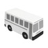 A white and black stress reliever shaped like a city bus, featuring windows and wheels, with a logo on it.