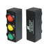 A traffic light shape stress reliever with red, yellow, and green buttons, featuring a logo on one side.