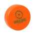 An orange hockey puck-shaped stress reliever with a logo on the surface, designed for fun and stress relief.