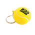 A yellow keyring shaped like a tennis ball, featuring a logo and attached to a metal keyring.