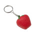 A red strawberry-shaped stress reliever attached to a silver keyring, featuring textured detailing and a green stem.