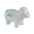 A white sheep-shaped stress reliever with a textured surface and a logo on its side.