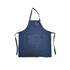 A denim blue full bib apron with a neck strap, featuring pockets and a logo.