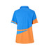 A women's short-sleeve shirt in blue and orange, featuring a subtle design and a collar. It has a logo on the back.