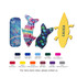 Four colourful Icy Pole Holders in designs featuring a fish, a lizard, and a skateboard, with a logo on one.