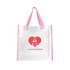 A clear tote bag with pink handles and a logo featuring a heart and drawing elements.