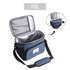 A blue cooler bag with a silver interior, featuring a logo and an adjustable shoulder strap.
