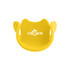 A yellow, flexible party hat with a rounded design and a logo feature. Suitable for festive occasions.