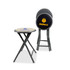 A black folding stool with a logo, alongside a stack of similar stools, featuring a grey frame and seat.