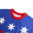 A blue unisex winter acrylic jacquard sweater with red trim and white star patterns. Features a logo.