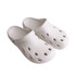 A pair of white Clog Slides featuring multiple ventilation holes and a back strap, with a branding logo.