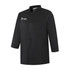 A black 3/4 sleeve single breasted chef jacket featuring a pocket and a logo.