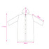 A PEVA raincoat with a hood, featuring a front button closure and measurements for size reference.