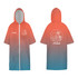 A microfibre hooded change towel in orange and blue gradient, featuring a logo and a front zip.