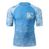 A blue sublimation rashie with short sleeves, featuring wave patterns and a logo.