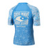 A blue rashie featuring wave patterns and a logo on the back. It has short sleeves and a fitted design.