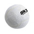 A white pet tennis ball with a textured surface and a logo on one side.