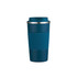 A stainless steel travel coffee mug in teal with a ribbed silicone grip and a lid. It features a logo.