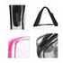 A clear toiletry bag with pink and black accents, featuring zippers and a black strap. Includes various interior items.