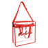 A clear tote bag with red straps and a logo, featuring a shoulder strap for easy carrying.