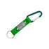 A green carabiner keyring featuring a metal attachment and a logo on a strap.