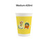 A yellow disposable paper cup featuring playful animal illustrations, designed for beverages with a medium capacity of 420ml.