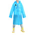 A blue reusable raincoat featuring a hood and logo, worn by a child with yellow boots.