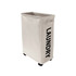 A cream laundry basket with wheels, featuring handles and black text on the side.
