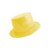 A shiny yellow PVC top hat with a smooth finish, featuring a small logo on the front.