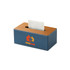 A medium tissue box featuring a blue exterior and wooden top, with a logo on the front.