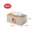 A medium tissue box with a beige fabric cover and a wooden top, featuring a logo on the side.