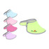 A collection of five visors in various colours: pink, light pink, blue, light blue, and bright green with a logo.