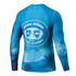 A blue sublimation long sleeve rashie featuring a scuba diving logo and coral reef design.