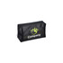 A black nylon mesh cosmetic bag with a zip closure and a logo on the front.