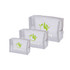 Three transparent nylon mesh cosmetic bags in varying sizes, featuring a logo on each bag.