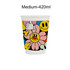 A disposable double wall paper cup featuring a colourful design with flowers and smiley faces, predominantly in pink and yellow.