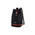 A black canvas bucket backpack with brown leather straps and accents. Features adjustable drawstrings and a logo.
