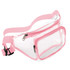 A clear fanny pack with pink accents, featuring a zippered compartment and an adjustable strap.