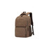 A brown canvas laptop backpack featuring multiple pockets and padded shoulder straps. It has a logo on the front.